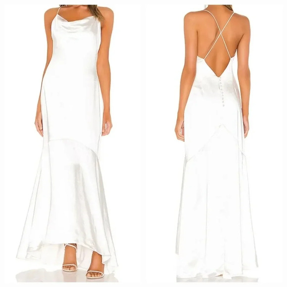 NWT ELLIATT Aisle dress in white satin cowl neckline with low back button accent - Picture 1 of 10